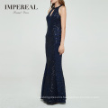 Latest Ladies Party High Quality Fishtail Sequins Maxi Navy Blue Dress